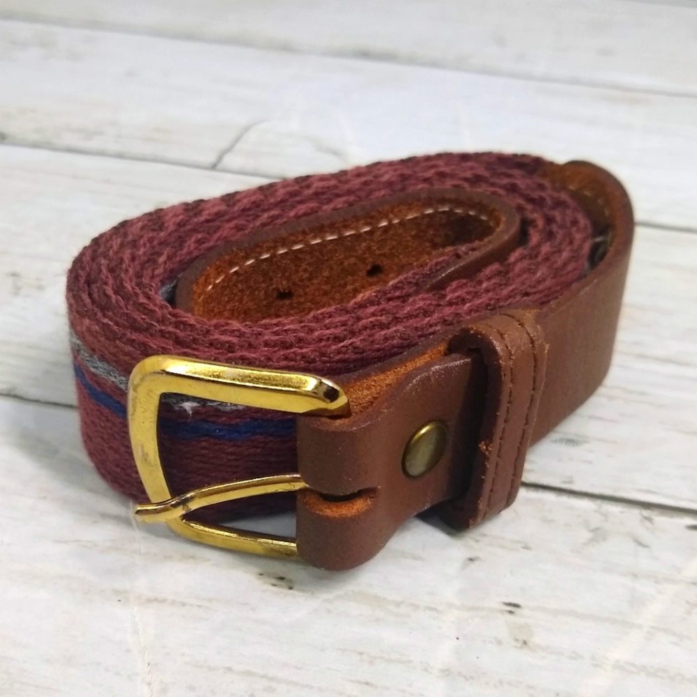 Fashion Men 38.5in Striped Fabric Leather Ends Adjustable Belt Goldtone Buckle